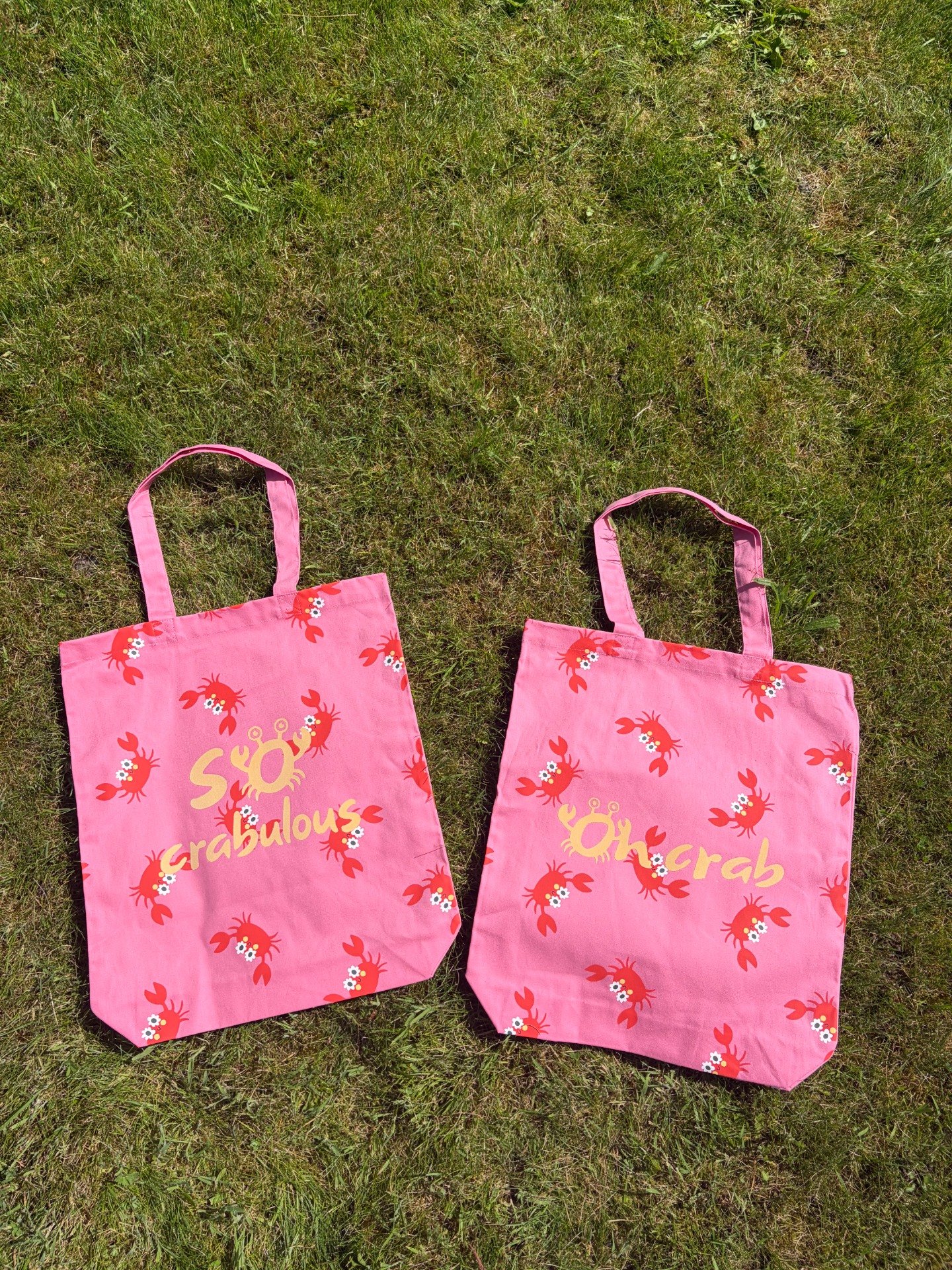 Roze katoenen tas met krabbenprint en tekst Oh Crab
